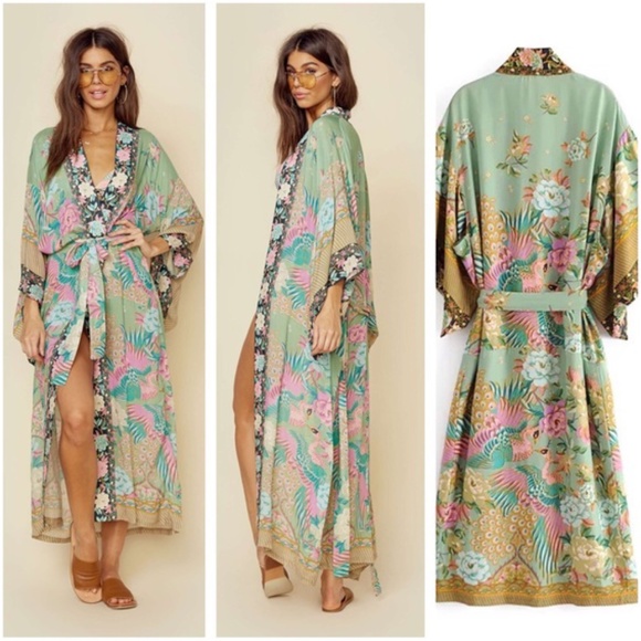 🎀 KIMONO ROBE CARDIGAN DUSTER  BOHO CHIC FLORAL KAFTAN CLOUD PASTEL FLOWER BELT - Picture 13 of 15